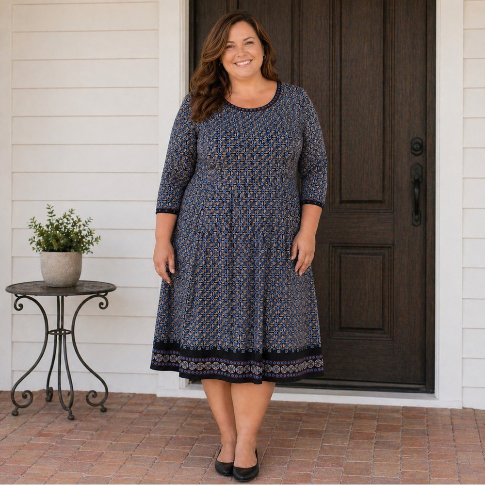 MAX STUDIO XL Fit & Flare Dress | Blue Medallion Print | 3/4 Sleeve | Stretch